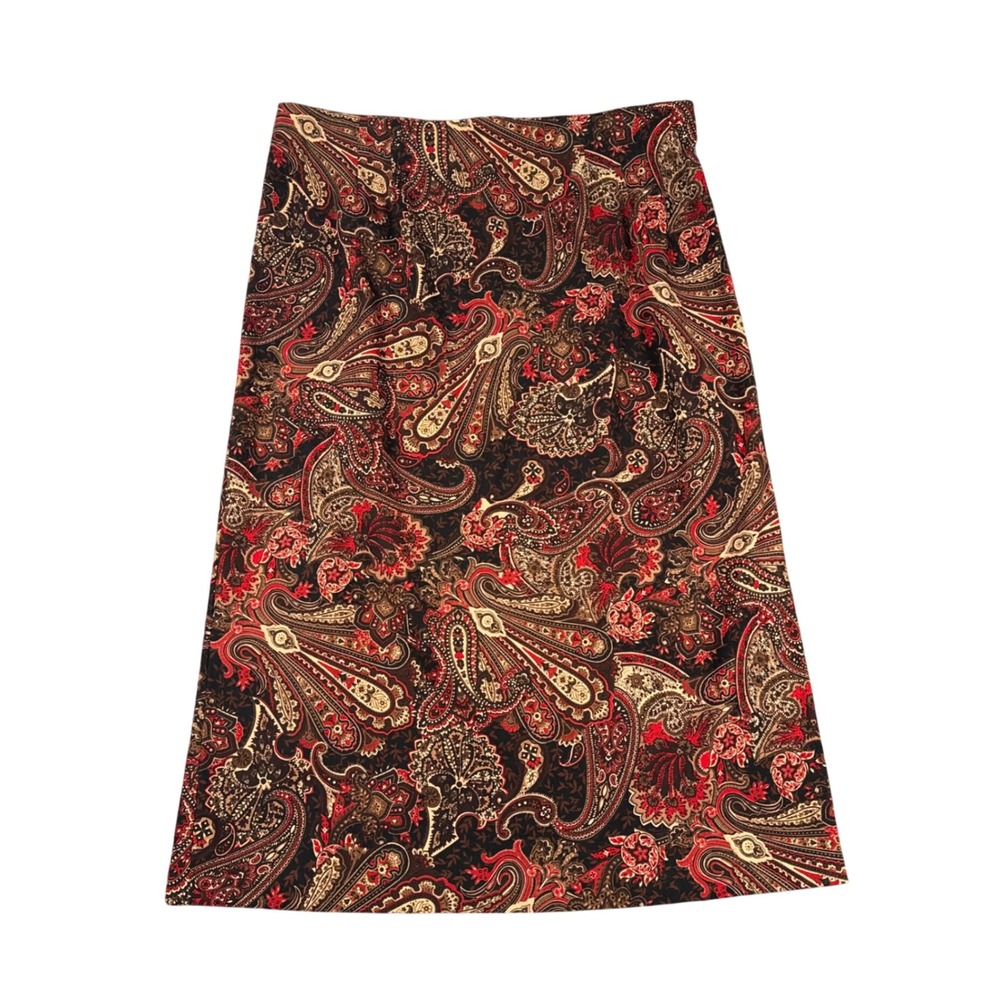 Briggs New York Womens 18W Paisley Midi Pencil Skirt Red Brown Back Vent Zip 797